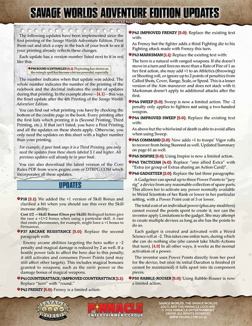 Savage Worlds Adventure Edition Updates (PDF) #SWADE