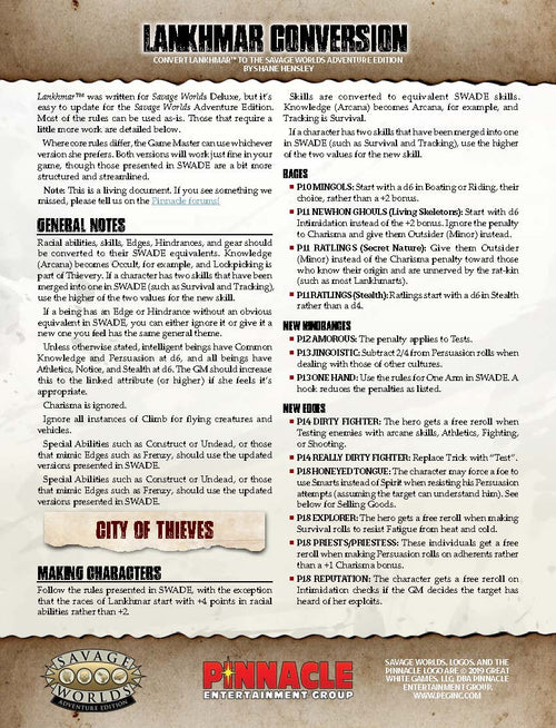 Lankhmar Conversion for Adventure Edition (PDF) #SWADE