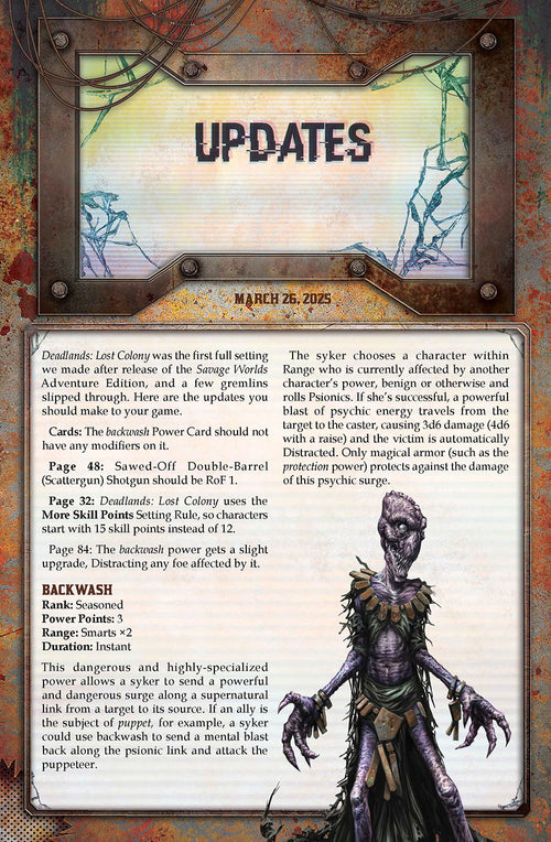 Deadlands Lost Colony - Updates Sheet