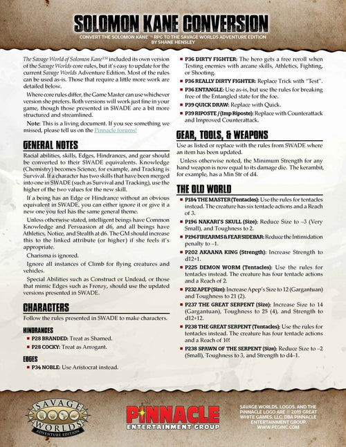 Solomon Kane Conversion for Adventure Edition (PDF) SWADE