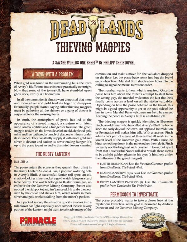 Deadlands: the Weird West - Thieving Magpies One Sheet (Free PDF!)